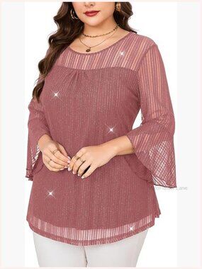 Plus Size Sparkly Mesh Tunic Top 3/4 Sleeve Ruffle Blouse Dressy
